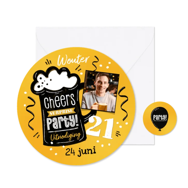 Ronde uitnodigingskaart bier hip jongen foto surprise