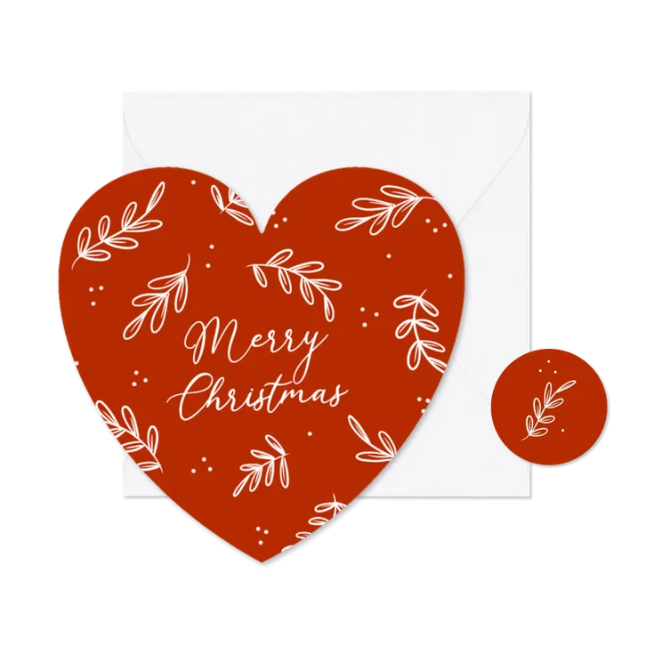 Rood kerstkaartje hart met takjes merry christmas