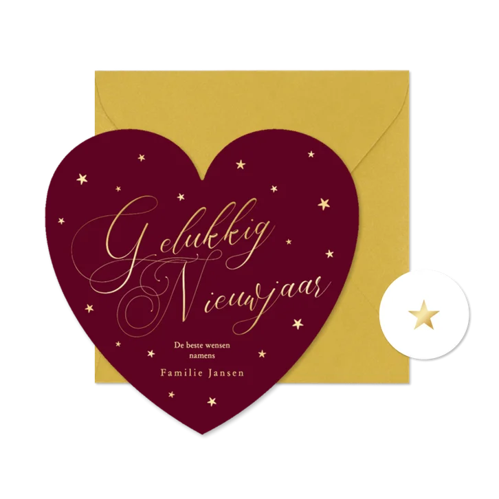 Rood nieuwjaarskaartje hartje gelukkig nieuwjaar goudfolie