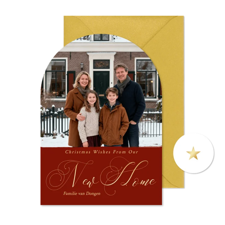 Rood verhuiskaartje kerst met foto new home boog