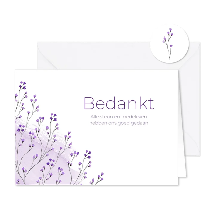 Rouw bedankkaart bloemen lavendel paars waterverf