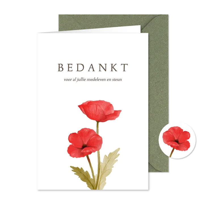 Rouwkaart bedankt bloemen klaprozen stijlvol