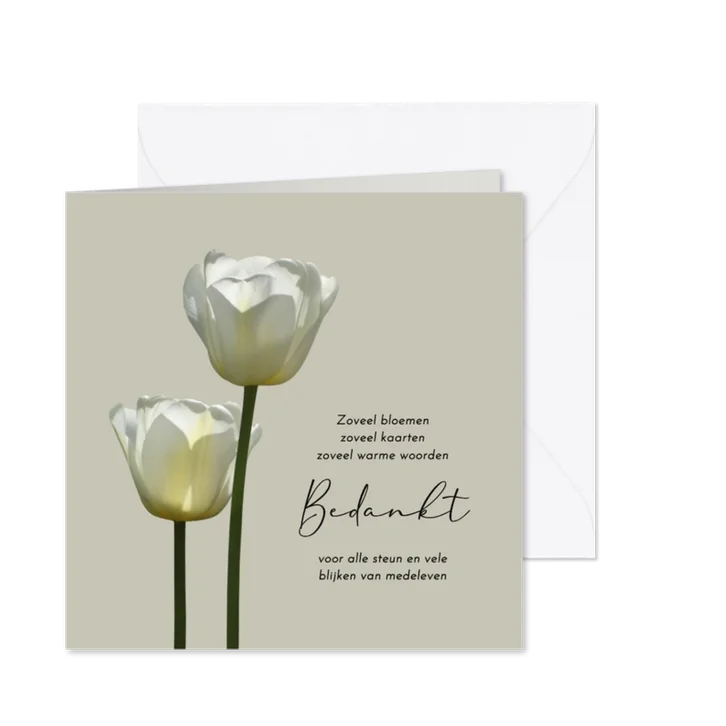Rouwkaart bedankt met twee witte tulpen