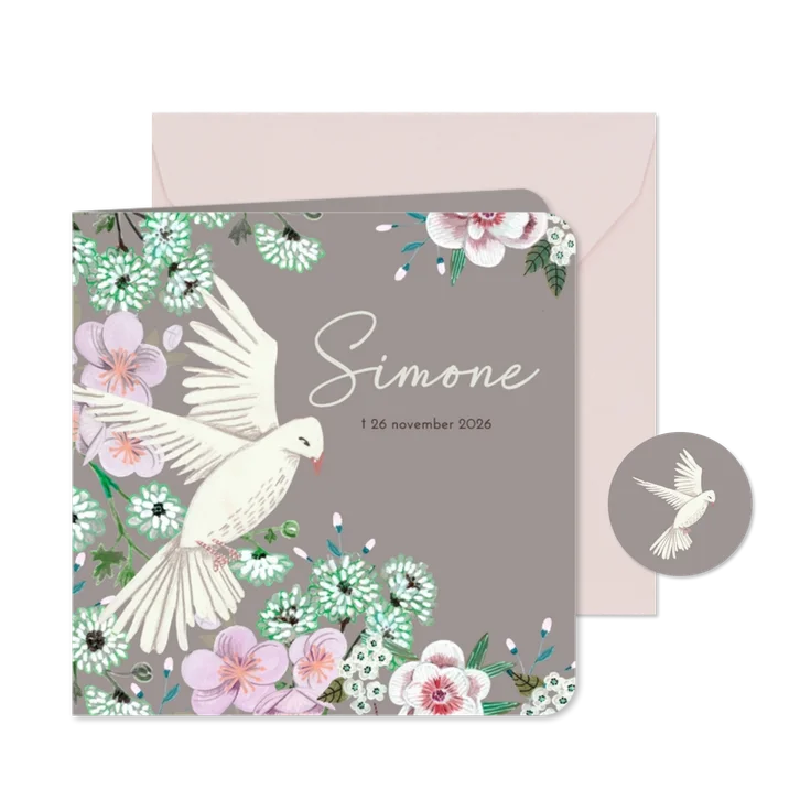 Rouwkaart bloemen met duif