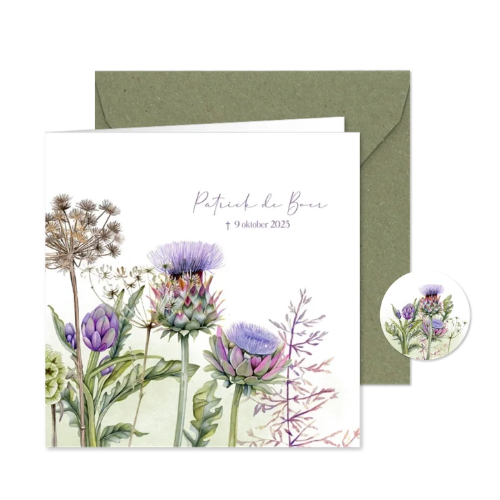 Rouwkaart botanische artisjokbloemen takken