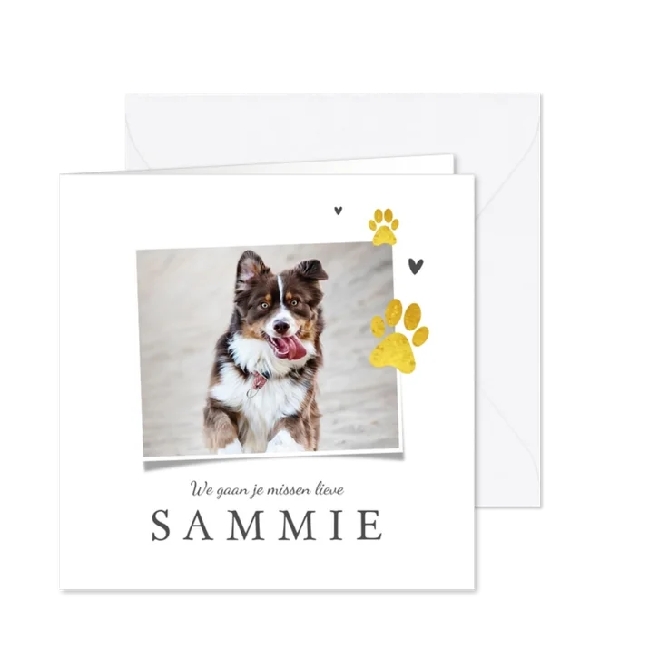 Rouwkaart hond goud pootjes foto hartjes