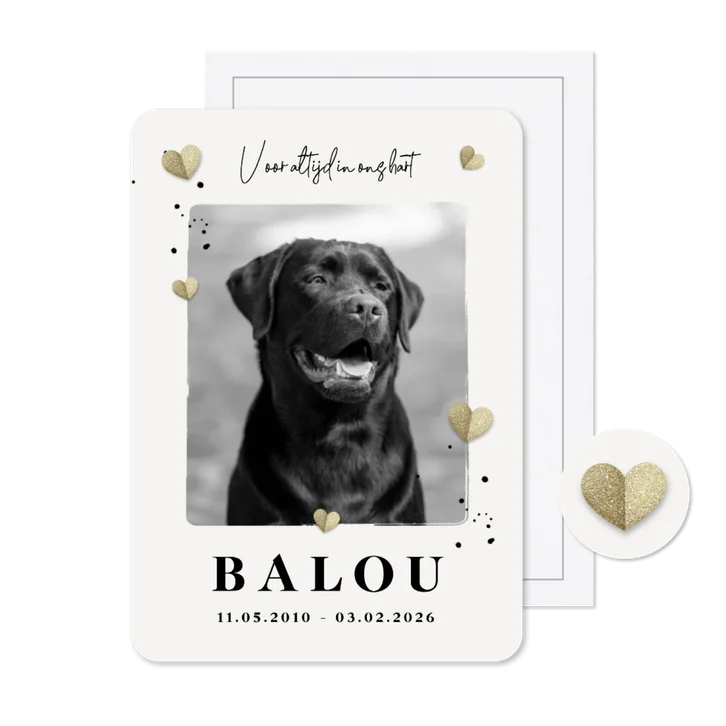 Rouwkaart hond hartjes foto stijlvol