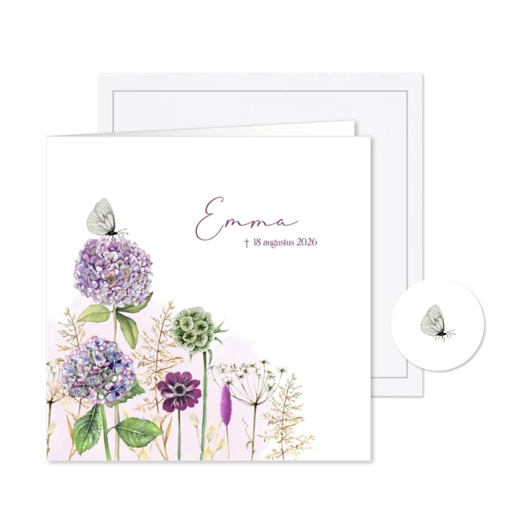 Rouwkaart hortensia's met vlinder