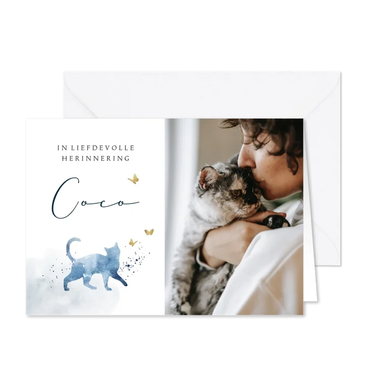 Rouwkaart kat stijlvol fotokaart watercolour vlinders goud