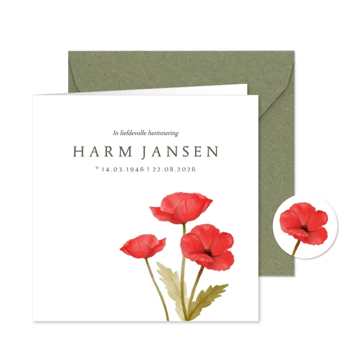 Rouwkaart klaprozen afscheid uitvaart bloemen man vrouw