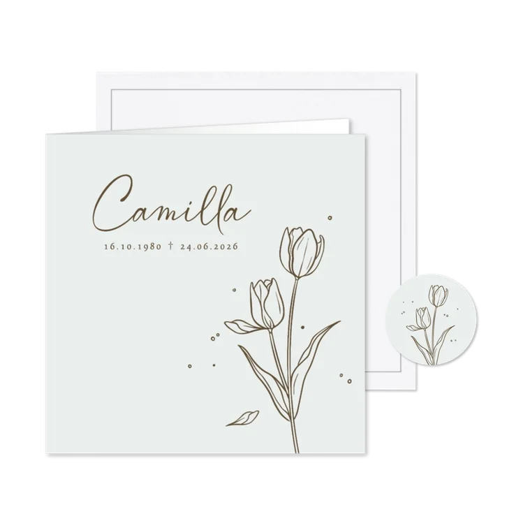 Rouwkaart line art tekening bloemen tulpen blaadje man vrouw