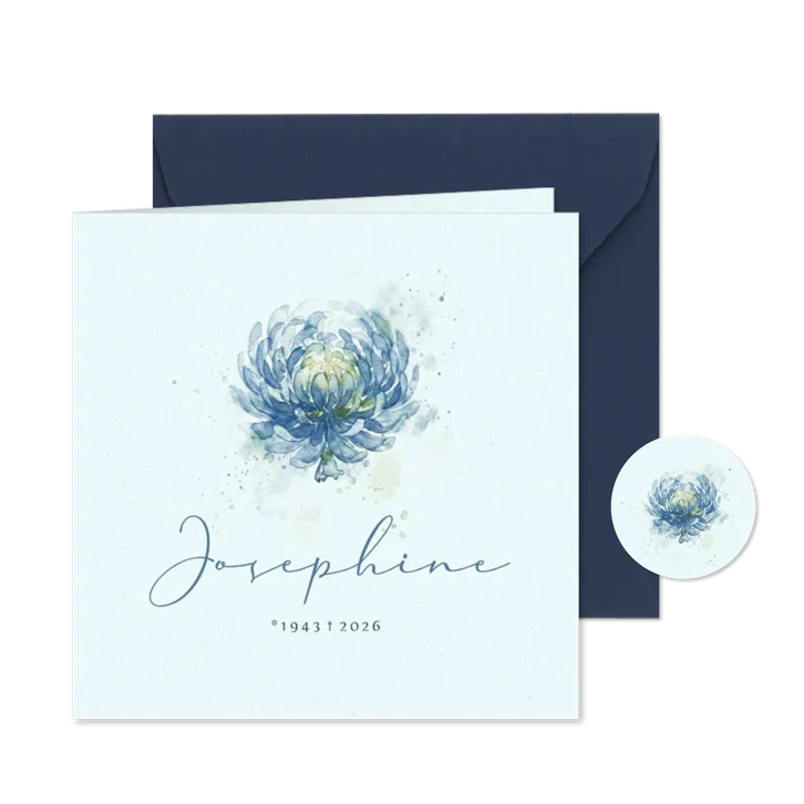 Rouwkaart met blauwe aquarel chrysant