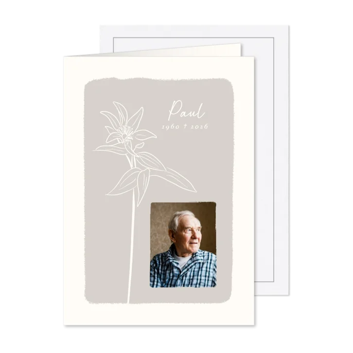 Rouwkaart met foto grijs met illustratie bloem