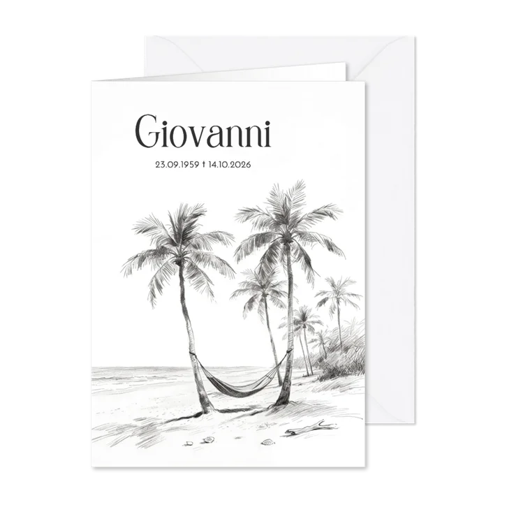 Rouwkaart schets strand met palmbomen hangmat