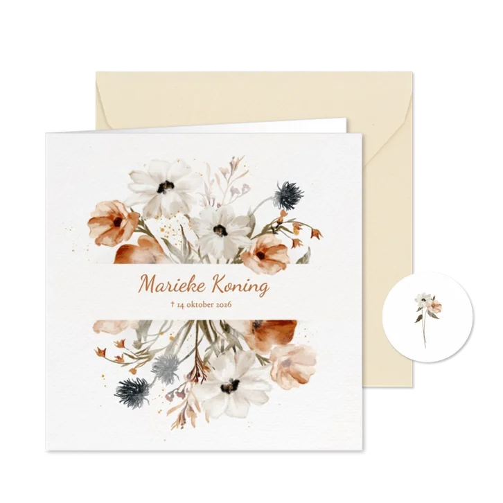 Rouwkaart stijlvolle veldbloemen in aquarel