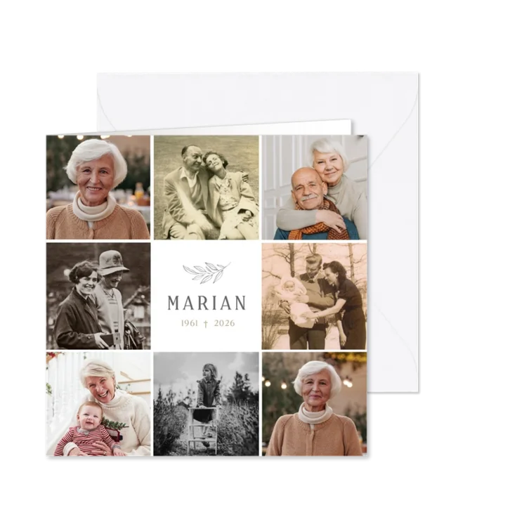 Rouwkaart vierkante fotocollage met 8 eigen foto's