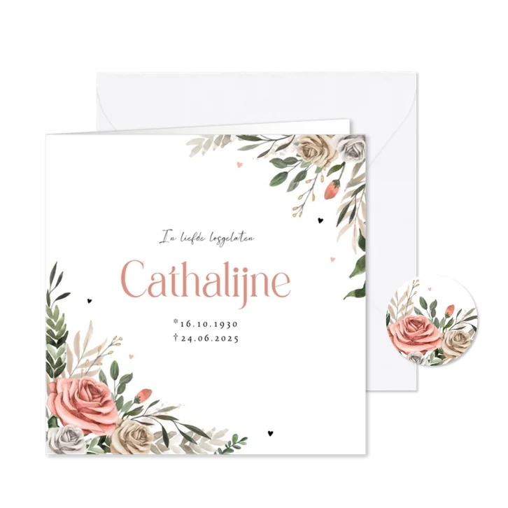 Rouwkaart vintage bloemen rozen hartjes geliefd