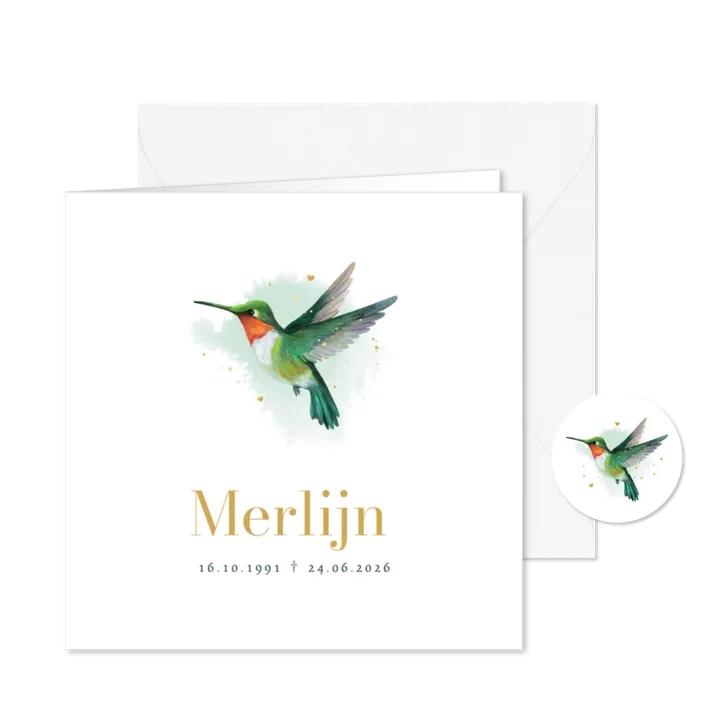 Rouwkaart vogel kolibrie waterverf goud stijlvol