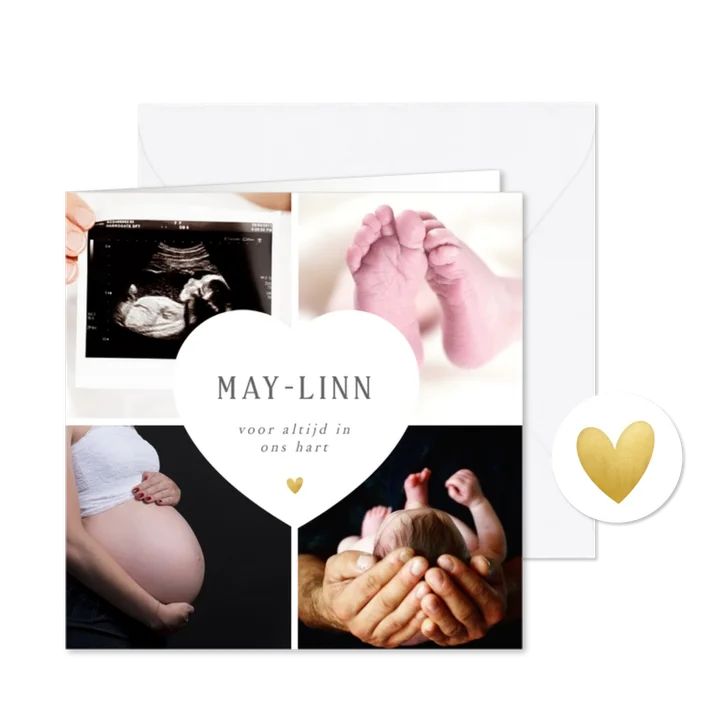 Rouwkaart voor baby of kind met een fotocollage en hartje