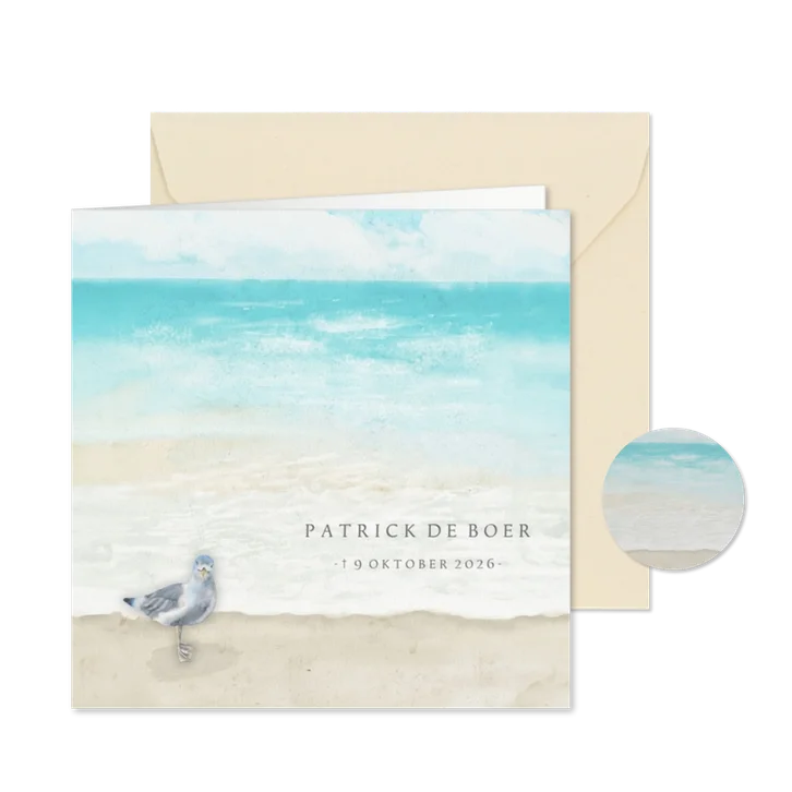 Rouwkaart zee en strand met meeuw