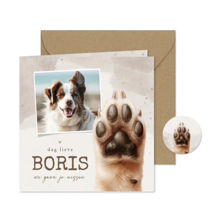 Rouwkaartje hond met hondenpootje en foto waterverf