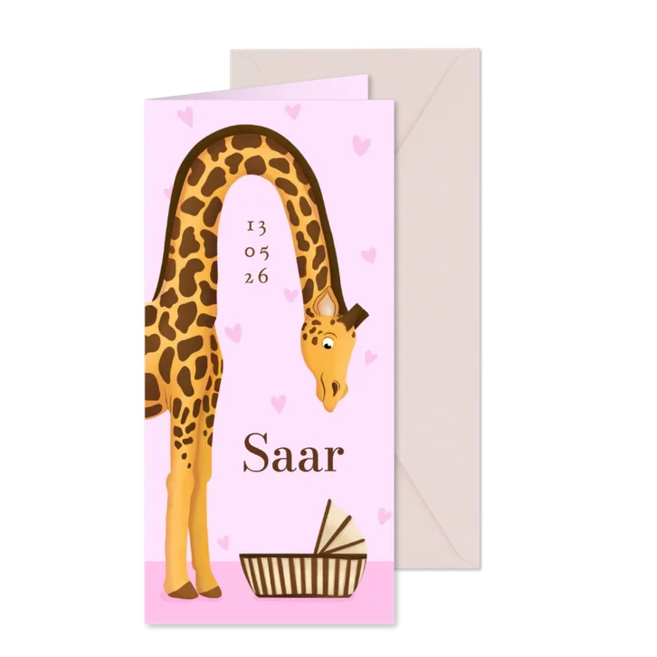 Roze geboortekaart grote giraf met wiegje