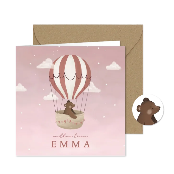 Roze geboortekaartje met beer in luchtballon