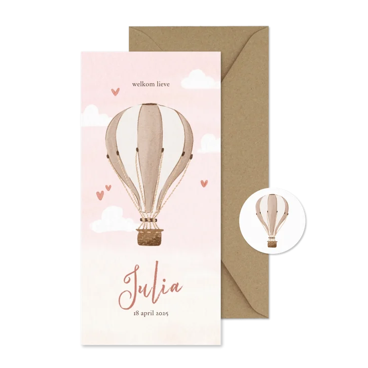 Roze geboortekaartje met beige luchtballon