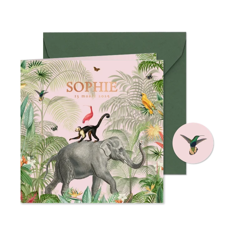Roze jungle geboortekaartjes met olifant koperfolie