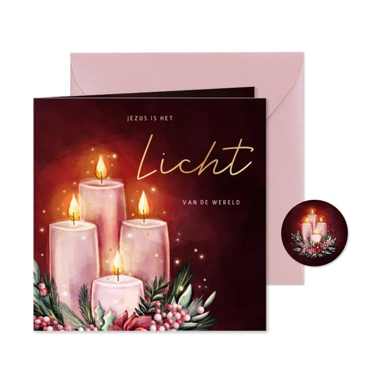 Roze kerstkaart Jezus is het Licht met vier adventskaarsen 