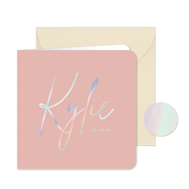 Roze minimalistisch geboortekaartje met holografisch folie