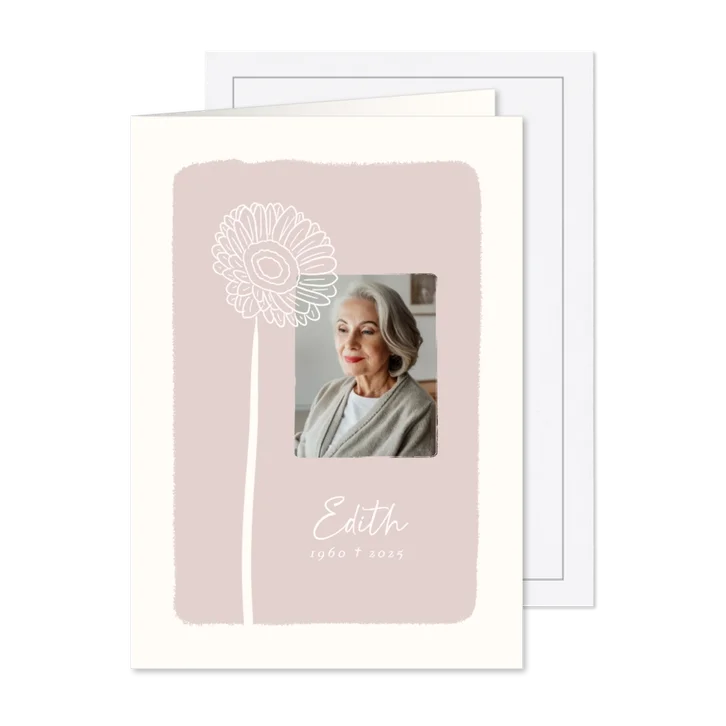 Roze rouwkaart met lijntekening van gerbera