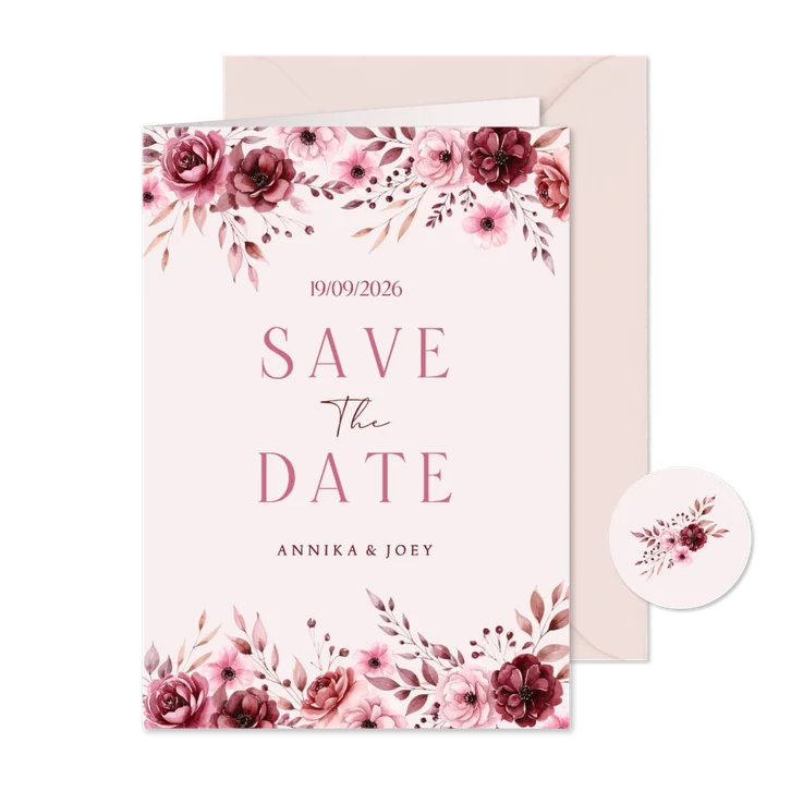 Roze save the date kaart met klassieke waterverf bloemen