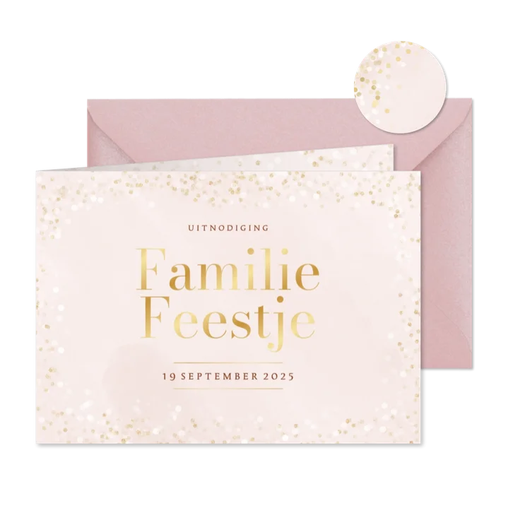 Roze uitnodiging familie feestje met confetti en goud