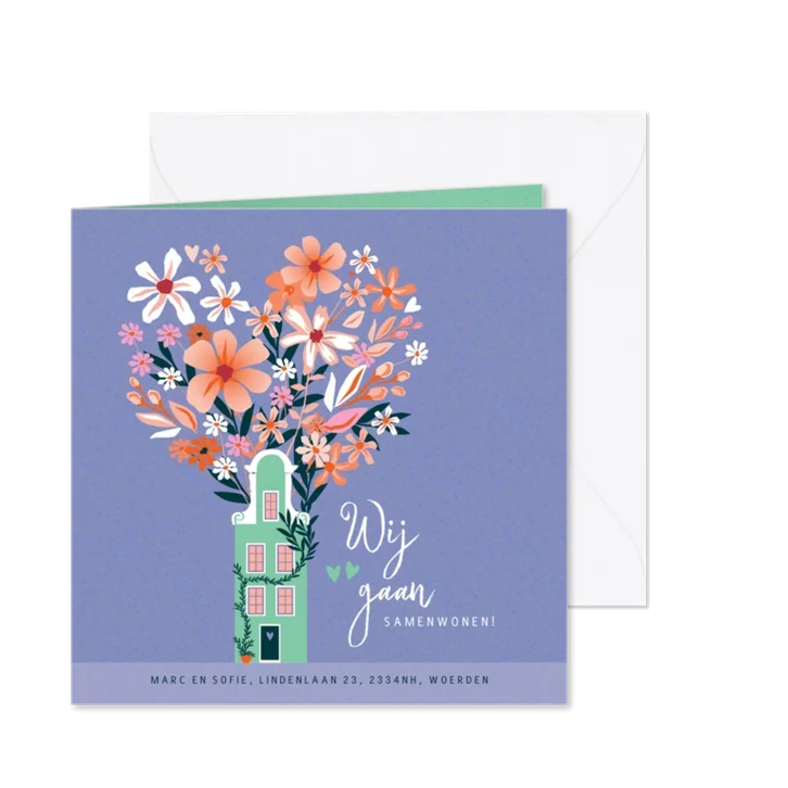 Samenwonen kaart met huisje en bloemen
