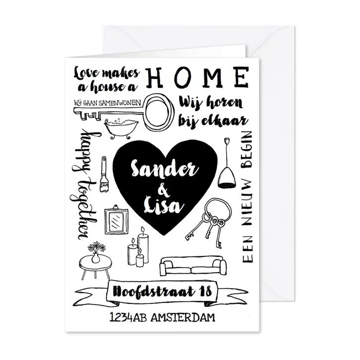 Samenwonen kaart zwart-wit handlettering hart