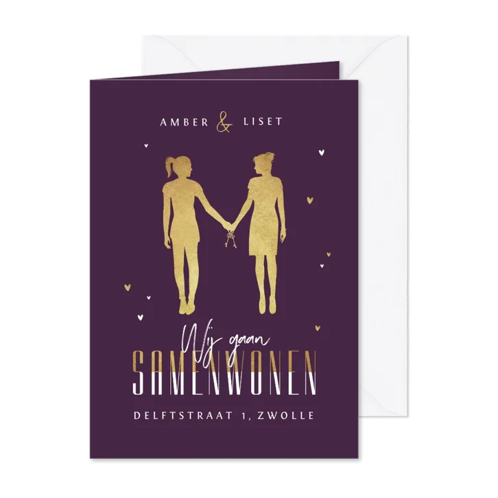 Samenwonen lesbisch goud hartjes silhouet verhuiskaart