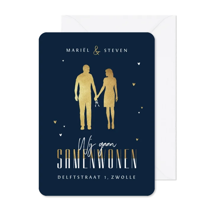 Samenwonen verhuiskaart goud stijlvol stelletje goud hartjes