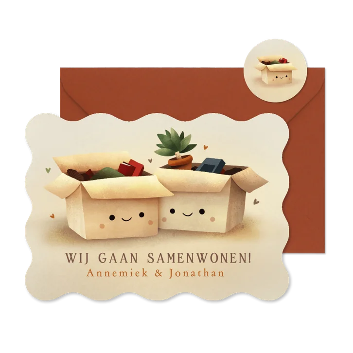 Samenwonen verhuiskaart met 2 verhuisdozen met oogjes