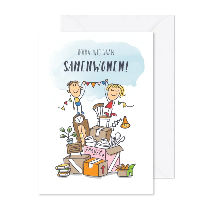 Samenwoonkaart met stel boven op een berg verhuisdozen