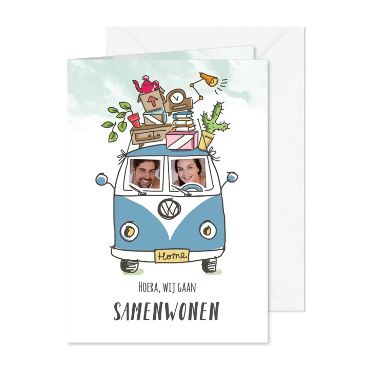 Samenwoonkaart met stel in Volkswagenbusje