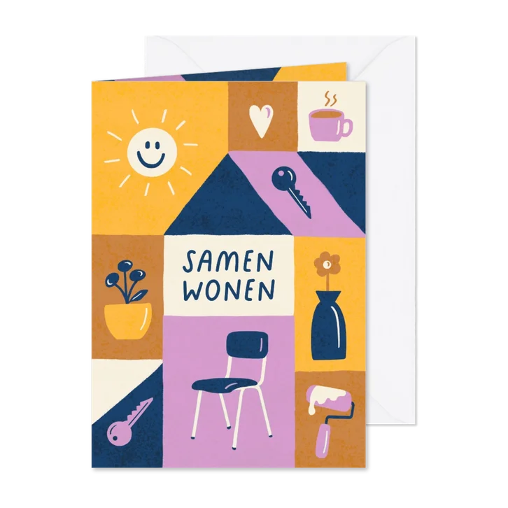 Samenwoonkaart vrolijke blokken met illustraties