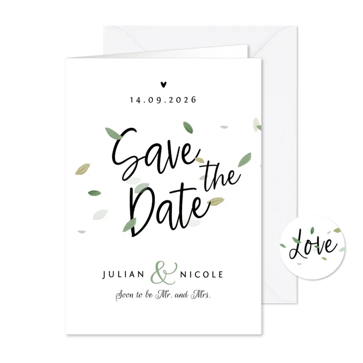Save te date trouwkaart eco blaadjes stijlvol hartjes