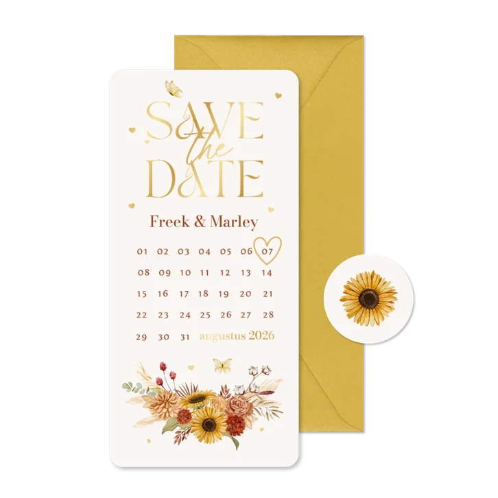 Save the date bohemian bloemen zomer vlinders goud kalender