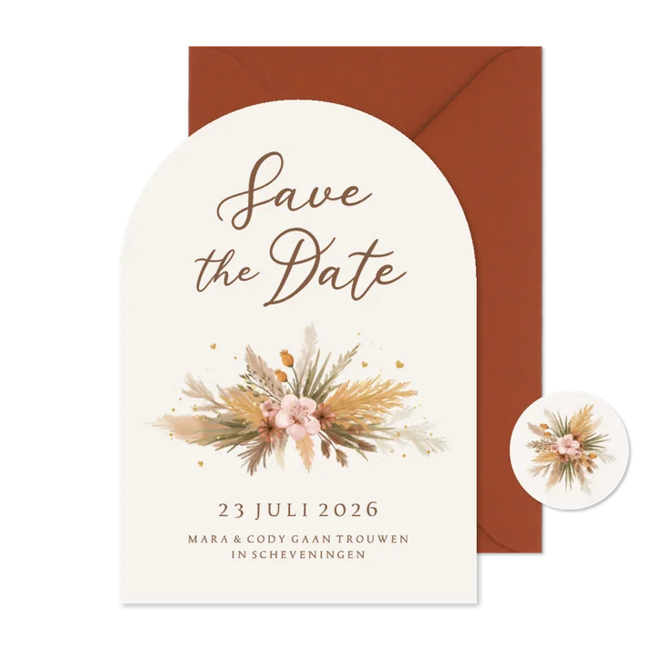 Save the Date boogkaart bohemian bloemen gras romantisch
