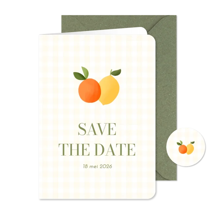 Save the date bruiloft gele ruitjes met citroen en mandarijn