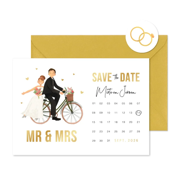 Save the date cartoon bruidspaar fiets kalender mr mrs 