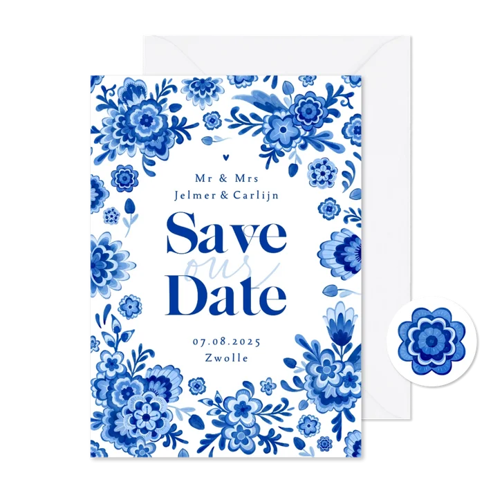 Save the date Delfts blauw bloemen stijlvol romantisch