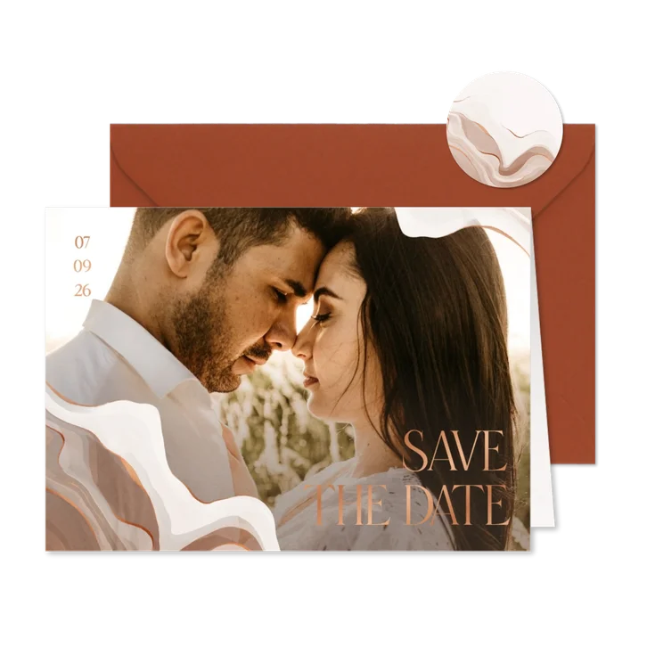 Save the date foto stijlvol met marmereffect en koperfolie