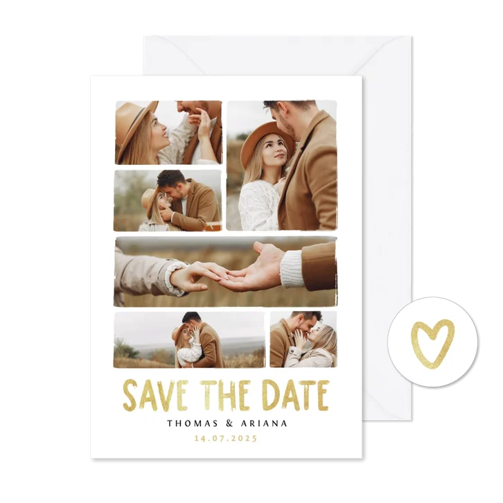 Save the date fotocollage trouwkaart met gouden tekst